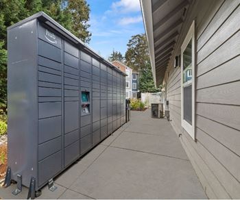Package locker system along pedestrian walkway